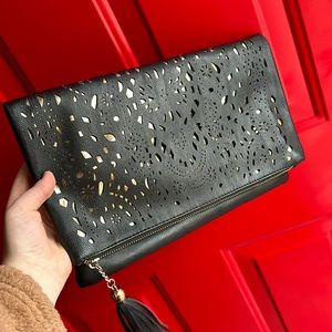 Womens Perforated Cut Out Gold Accent Foldover Pouch Fashion Clutch Handbag